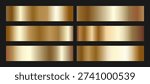 Golden metallic vector gradients set with glossy shine, bright brass and bronze color effect, luxury abstract background for celebration frames, elegant graphic template and modern design