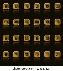 golden metallic web icons buttons set with reflections on dark background