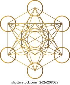 Golden Metatron Cube, stroke vector, a mystical symbol, derived from the Flower of Life. Sacred Geometry. Thirteen circles are connected with golden lines. Spiritual symbol. Transparent background