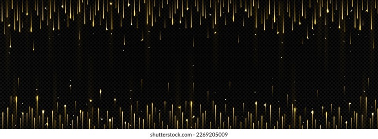 Golden meteor fall vector frame on black background. Gold rain veil with light effect holiday magic illustration. Abstract comet thread illuminated border for anniversary or birthday party greeting