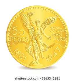 Golden mexican fifty pesos coin 1947 isolated on white background in vector illustration