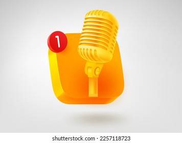 Golden microphone button. 3d vector mobile application icon