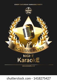 Golden microphone with a gold ribbon and crown against a dark background. Vector flyer, invitation, ticket.