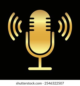 The golden microphone icon in a flat style isolated on a black background. Logo, application, user interface. Podcast radio icon. Studio microphone broadcast. Recording Studio. Voice vector icon.