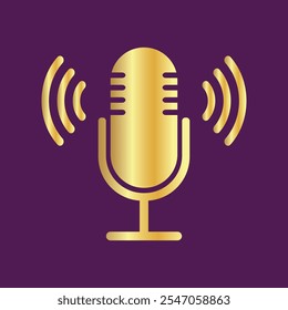 El icono de micrófono dorado en un estilo plano aislado en un fondo púrpura. Logotipo, aplicación, interfaz de usuario. Icono de radio de podcast. Radiodifusión de micrófono de estudio. Estudio de grabación. Icono de Vector de voz.
