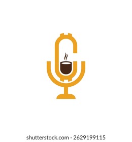 A golden microphone merging with a steaming coffee cup.