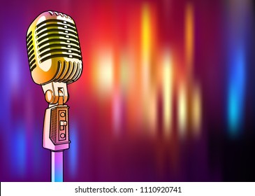 Golden microphone on a bright multi-colored background - vector image. A shiny metallic microphone of yellow color is surrounded by colored light spots similar to lighting a disco, concert or stage