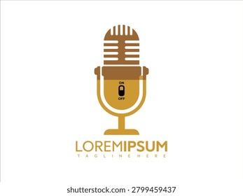 Golden microphone vector illustration with on off switch and lorem ipsum text on white background for audio equipment design