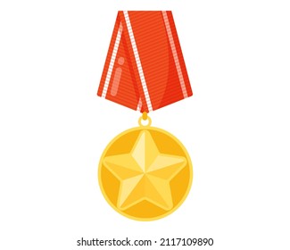 Golden Military Star Award Commemorative Medal Or Order For Merit, Victory Or Champions With Red Ribbon. Military Concept For Army, Soldiers And War. Vector Cartoon Isolated Illustration.