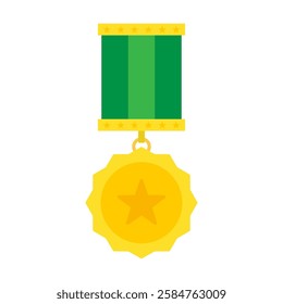 golden military star award, commemorative medal or order for merit, victory or champions with green ribbon, military concept for army, soldiers and war, flat vector illustration isolated on white