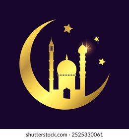 Golden minaret with towers, crescent moon and stars. Islamic beautiful design