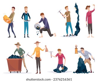 Golden miners set. Digger characters find minerals and gold working, digging exact. Gold mineral extraction. Vector illustrations in cartoon style