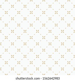 Golden minimal floral geometric seamless pattern. Simple vector white and gold abstract background with small flowers, tiny crosses, grid, lattice. Subtle minimalist repeatable texture. Luxury design