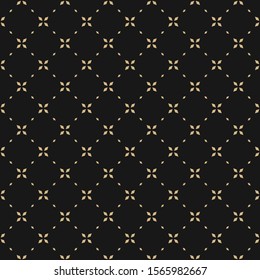 Golden minimal floral geometric seamless pattern. Simple vector black and gold abstract background with small flowers, tiny crosses, grid, lattice. Subtle minimalist texture. Dark repeat luxury design