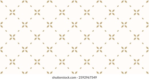 Golden minimal floral geometric seamless pattern. Simple vector abstract background with small flowers, leaves, diamonds, grid. Subtle gold and white minimalist repeat texture. Luxury repeated design