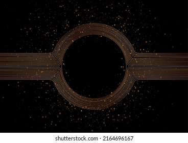 Goldene minimale runde Linien und glänzende Staubpartikel abstrakter technischer Hintergrund. Vektordesign