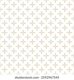 Golden minimal seamless pattern. Abstract floral geometric texture with small dots, flower silhouettes, stars. Simple gold and white minimalist ornament. Vector modern background. Repeating design