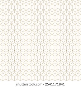 Golden minimal seamless pattern with hexagonal lattice, cubic linear grid. Trending gold and white geometric texture with thin lines. Abstract minimalist luxury background. Subtle vector geo design