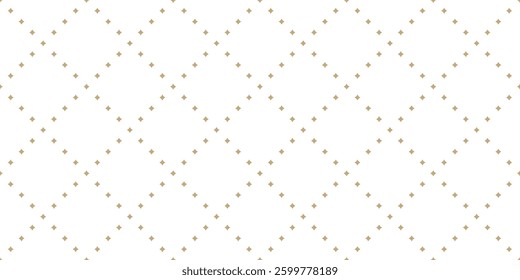 Golden minimalist seamless pattern with tiny star shapes, small diamonds in square grid. Abstract gold and white vector geometric texture. Subtle minimal background. Repeated design for decor, print