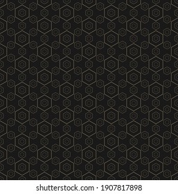Golden minimalist vector seamless pattern. Simple delicate geometric texture with small linear hexagons, grid. Subtle modern gold and black minimal background. Luxury repeated decorative design