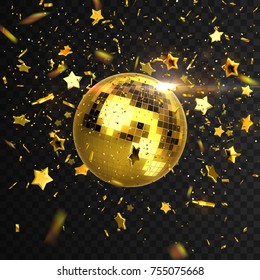 Golden mirror discoball with confetti particles and stars isolated on black background. Vector festive illustration. Nightclub or disco party decoration. Glowing sphere with falling tinsel