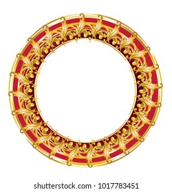 Golden mirror frame with baroque elements and red inlay