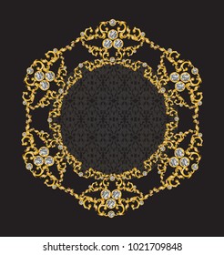 Golden mirror frame decorated with baroque metal leaves and diamonds ,vector,illustration
