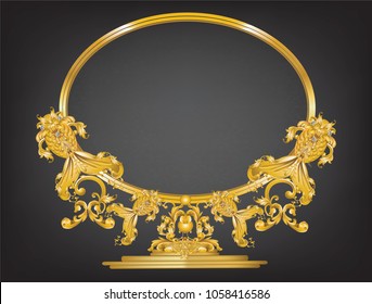 Golden mirror frame decorated with fish symbols and gold vintage Victorian metal elements on black background.