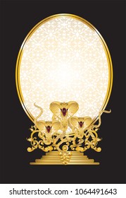 Golden mirror frame decorated with gold cobra and vintage Victorian metal elements, vector illustration.