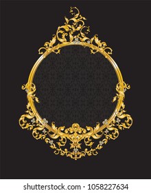 Golden mirror frame decorated with vintage Victorian metal elements and diamonds. 