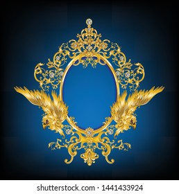 Golden mirror frame decorated with vintage Victorian metal elements and eagle head​ on blue background​
