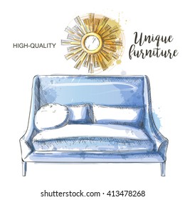 Golden mirror frame and  modern blue couch sketch