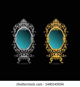 Golden mirror frame and silver mirror frame decorated with vintage Victorian metal elements​ on black background​
