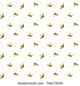 GOLDEN MISTLETOE CHRISTMAS SEAMLESS PATTERN. WINTER DECORATIVE BACKGROUND.