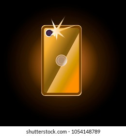 Golden Mobile Phone Taking Picture On It`s Camera And Sines With Flash Light.