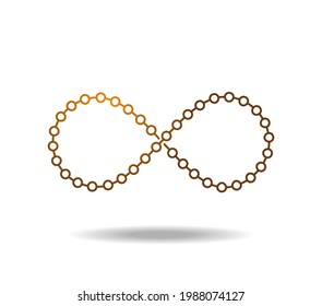 Golden mobius loop. An infinity sign made of a string of pearls or circles and lines. Infinity symbol