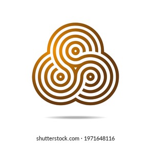 Golden Mobius loop made of three arches. Labyrinth made of three concentric circles with many lines. A maze made of infinity loop