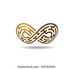 Golden mobius loop in shape of a maze. The sign of infinity. Labyrinth. Drawn on a sphere