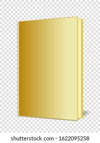 Golden mock up of a closed, upright book, made in perspective on a transparent background. Perspective look. Vector illustration.