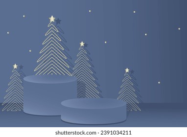 Golden modern christmas trees with podium on blue background. Vector illustration.