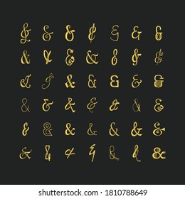 Golden modern and trendy different shapes of thin line stylized and isolated ampersand icons set on black background