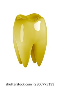 Golden molar tooth with roots as dental clinic logo or implant surgery, prothesis illustration.