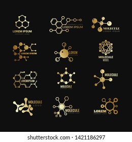 Golden molecular vector logotypes. Evolution concept formula chemistry genetic technology icons set. Golden molecular atom, chemistry research, molecule and dna scientific illustration