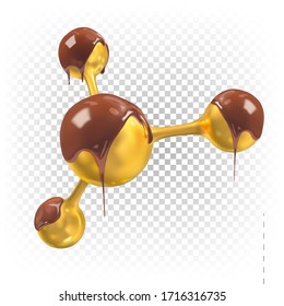 Golden molecule poured with liquid chocolate. The concept of molecular gastronomy. The use of scientific technology in food. Vector 3d illustration isolated on white background.