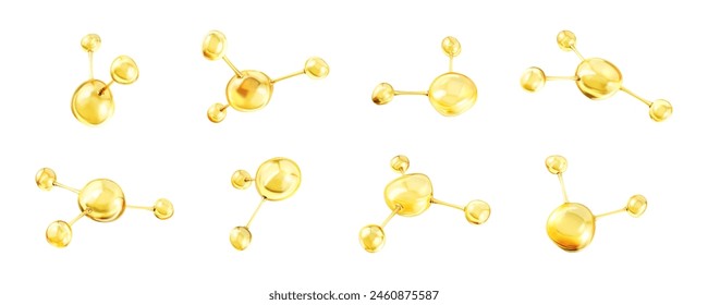 Golden molecules with biological and chemical concept. Collagen or serum molecules. Сoncept skin care cosmetics solution. Vector 3d illustration