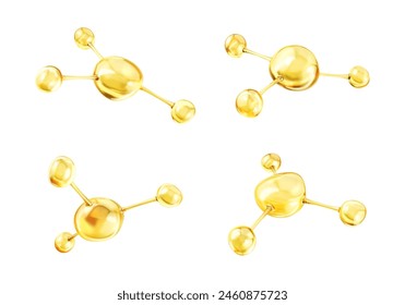 Golden molecules with biological and chemical concept. Collagen or serum molecules. Сoncept skin care cosmetics solution. Vector 3d illustration