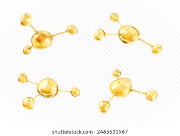 Goldene Moleküle mit einem biologischen und chemischen Konzept. Kollagen- oder Serummoleküle. СConcept Hautpflege Kosmetiklösung. Vektorgrafik 3D-Darstellung