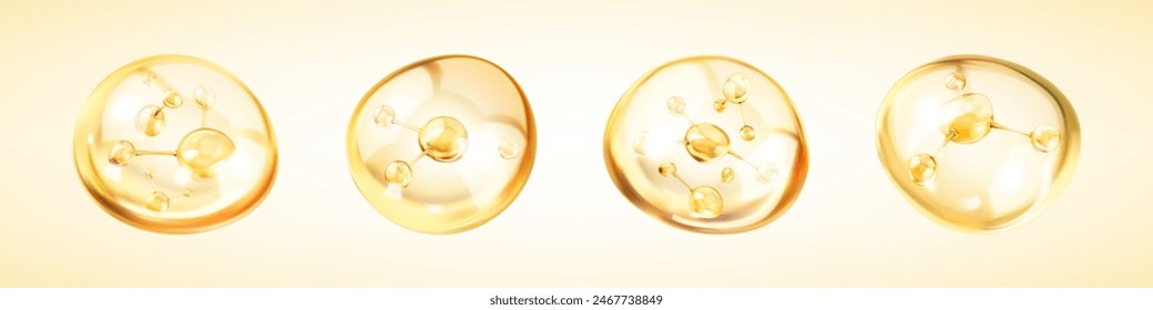 Golden molecules inside bubbles. Collagen serum drops. Cosmetic essence, oil bubble. Concept skin care cosmetics solution. Vector 3d illustration