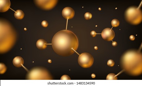 Golden molecules vector design. 3d abstract background with molecular structure of atoms in space. Elegant editable pattern template