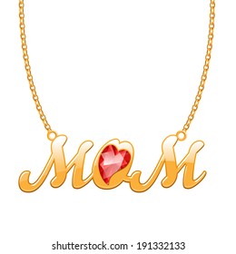 Golden MOM word pendant on chain. Good for Mother's Day design.